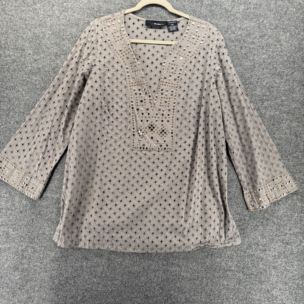 Denim 24/7 Top Womens 18W Gray Eyelet Tunic Studded V-Neck Sheer Western Boho